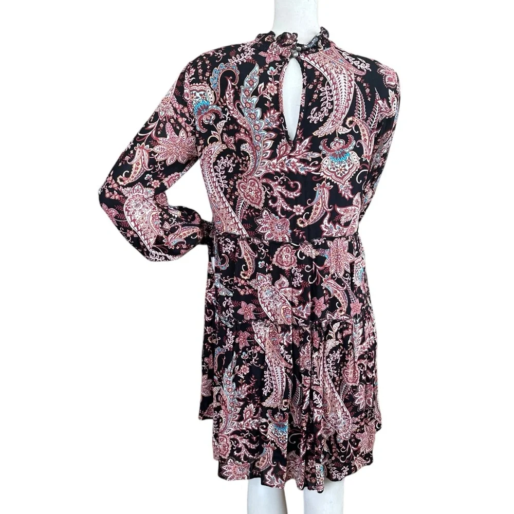 Anthropologie “Cady” Black Paisley Print Long Sleeve Mockneck Babydoll Dress XS